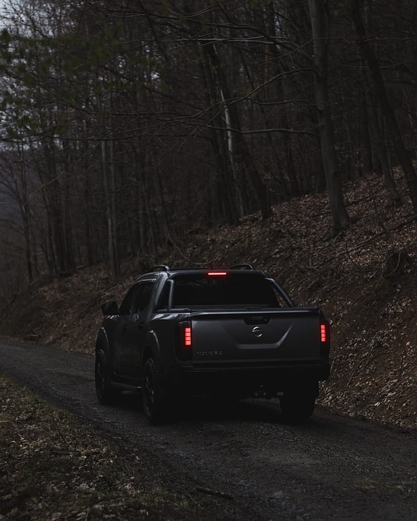 Dark pickup truck with glowing red taillights driving on a gravel road through a leafless forest at twilight.