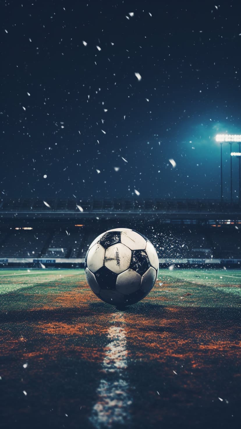 Soccer ball resting on a snowy grass field under bright stadium floodlights during a cold winter night match.