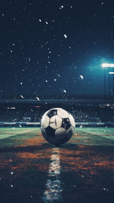 Soccer ball on snowy field under stadium lights