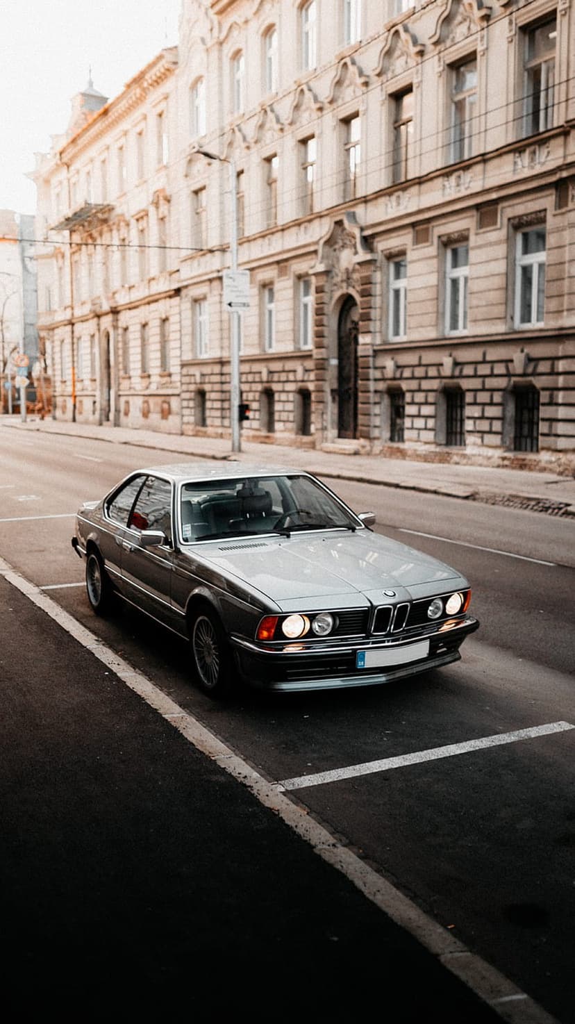 Silver BMW E24 coupe parked on a narrow European street with ornate stone buildings and soft sunlight.