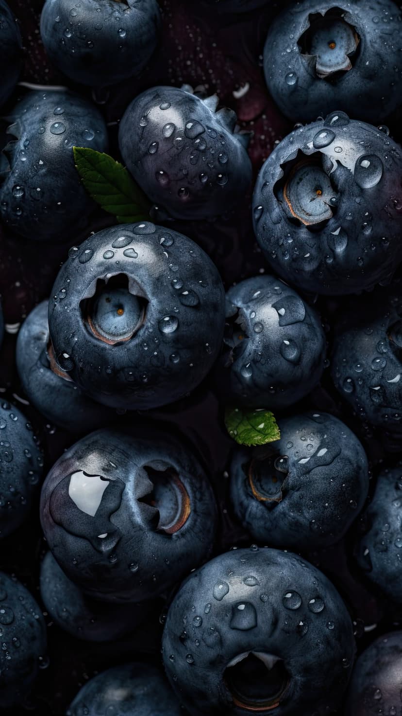 Blueberries with clear dew droplets on their skin are clustered together against a dark, out-of-focus background.
