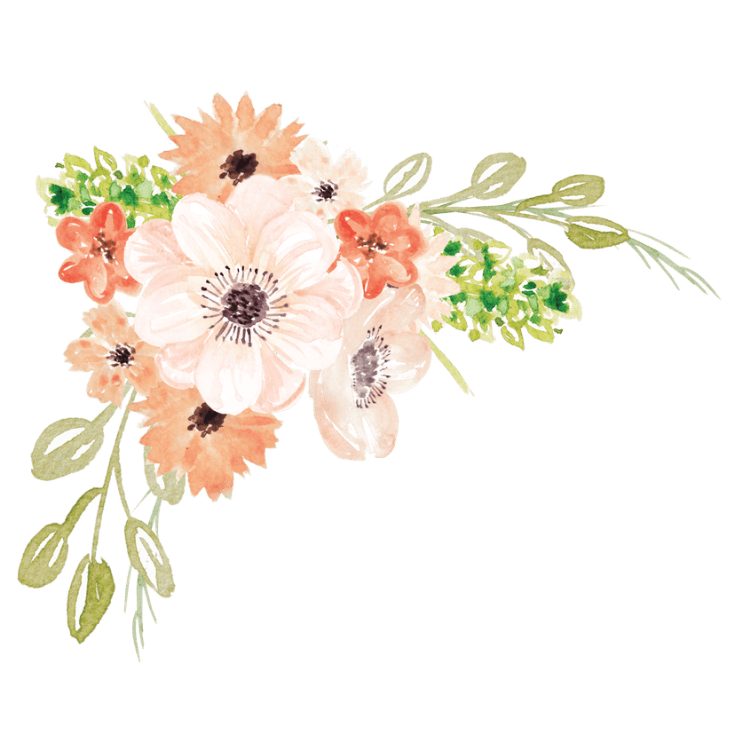 Watercolor floral arrangement features orange blossoms and white petals with green leaves on a clear background.