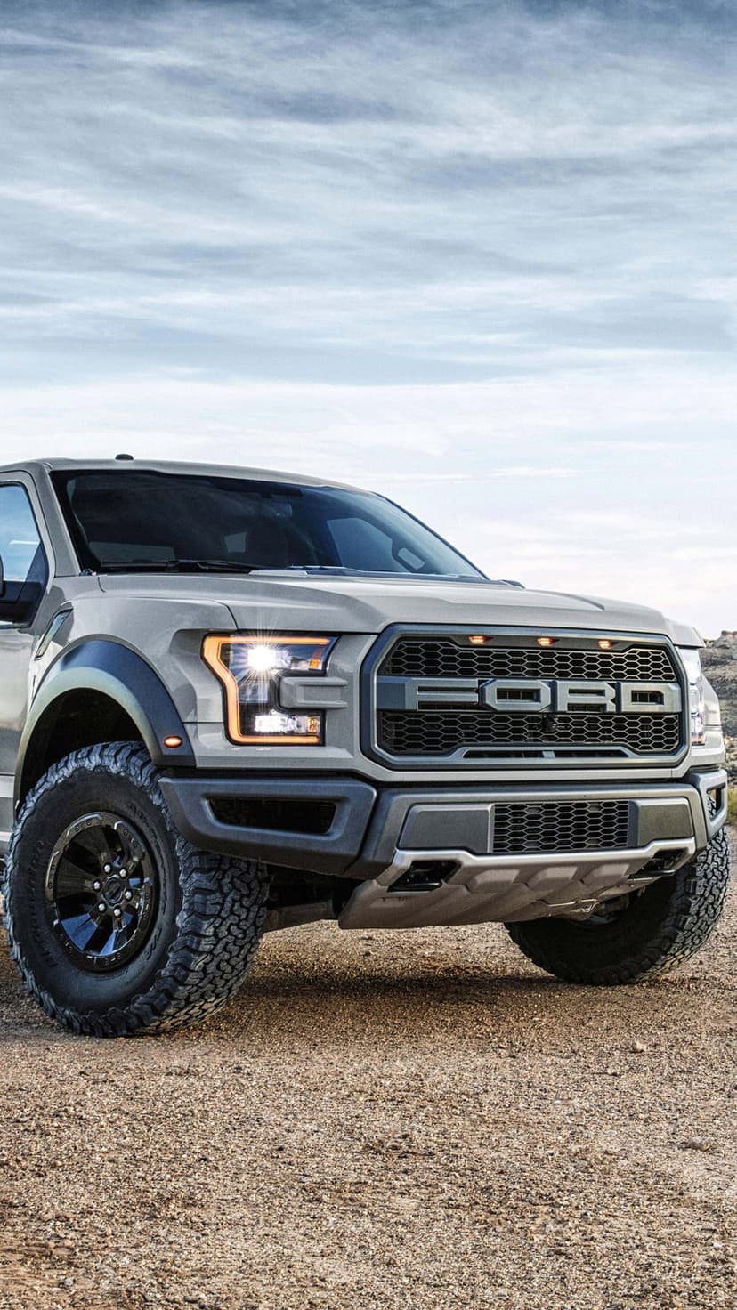 Gray Ford F-150 Raptor truck on a sandy desert path under a cloudy sky with glowing amber LED headlights.