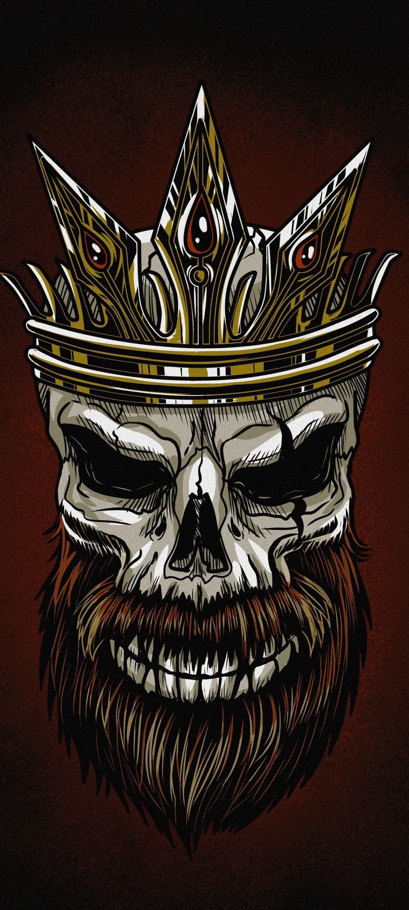 Bearded skull wearing a golden ornate crown with red jewels against a dark textured background for mobile screens.