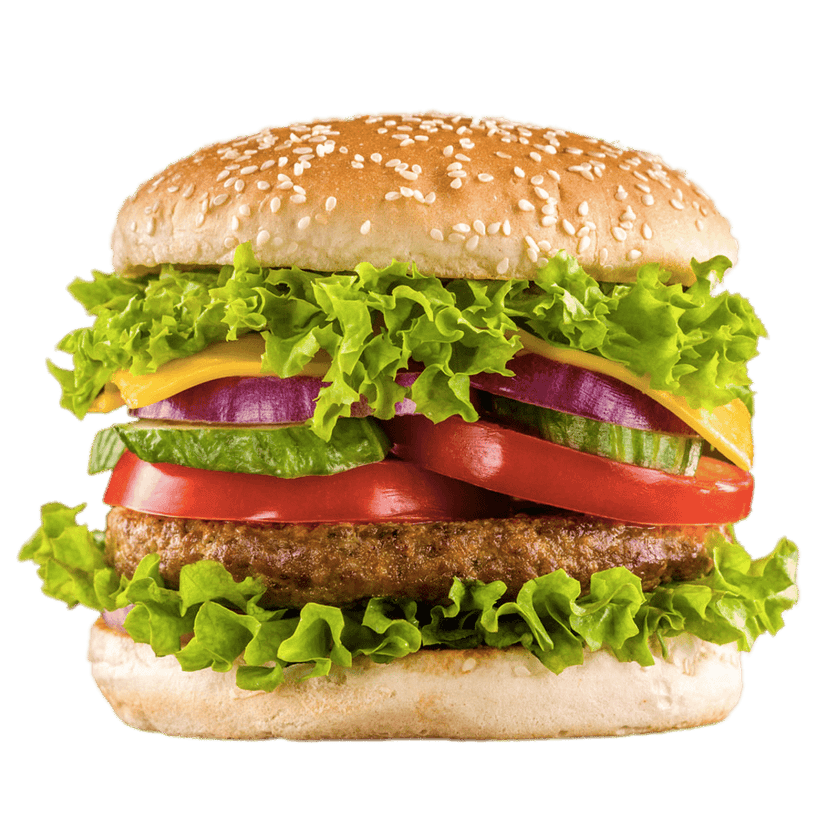 Gourmet beef veggie burger featuring sesame seed bun, melted cheddar, lettuce, and tomato on transparent background.