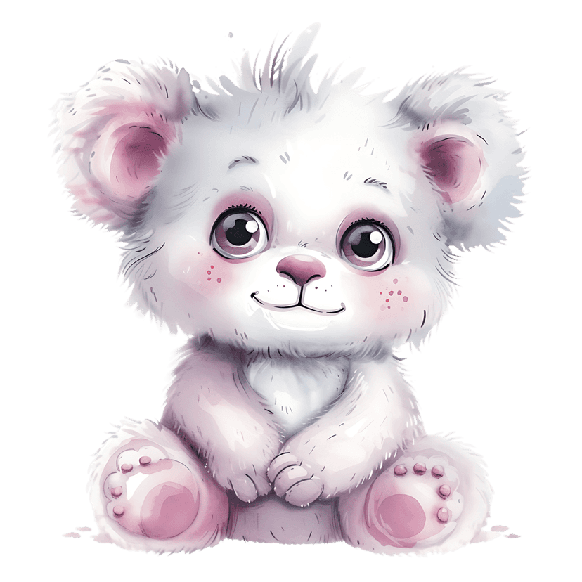 White teddy bear illustration featuring fluffy fur texture and pink accents on ears and paws against transparent.