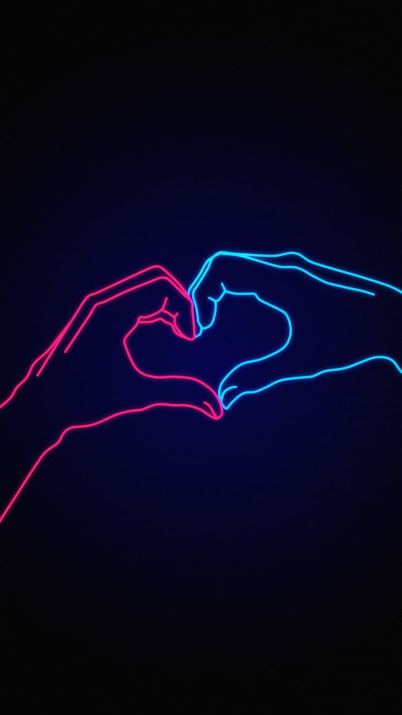 Glowing pink and blue neon outlines of two hands form a heart symbol against a dark midnight background.