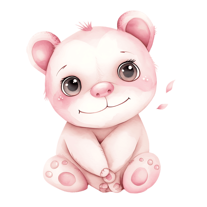 Pink bear cub watercolor illustration sitting with front paws together showing large eyes and rosy cheeks.