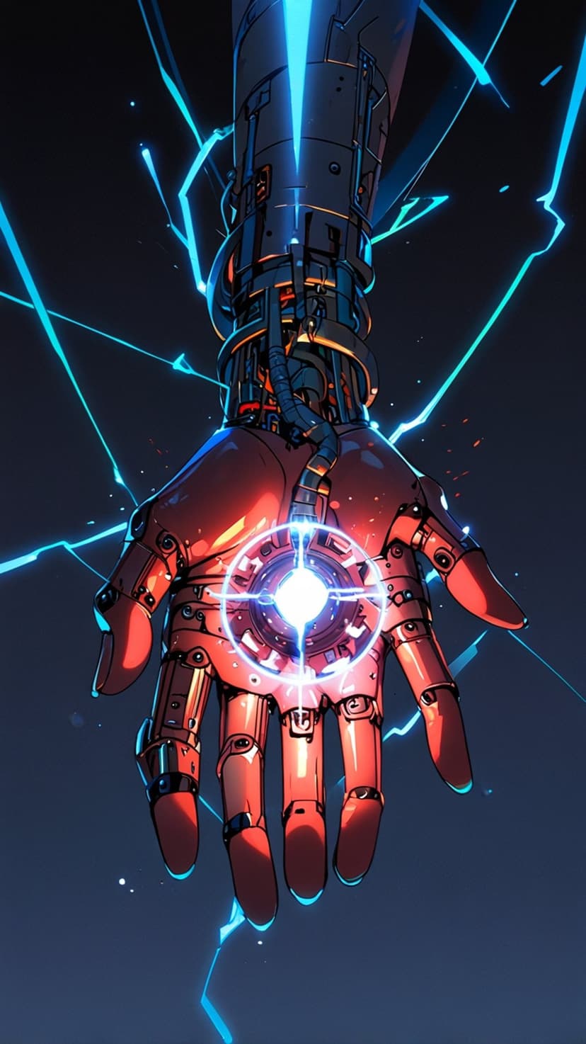 Robotic hand with red armor plates holds a glowing blue energy orb while electric sparks arc across dark space.