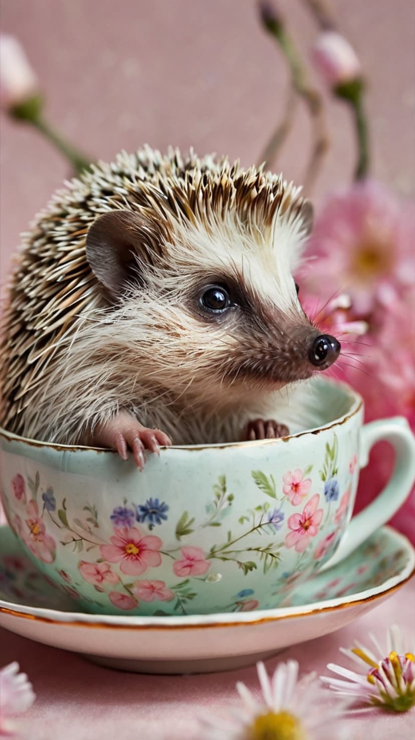 Hedgehog peeking out of a floral teacup surrounded by soft pink flowers and green leaves with a blurred background.