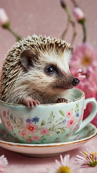 Adorable Pygmy Hedgehog Floral Teacup Mobile Wallpaper
