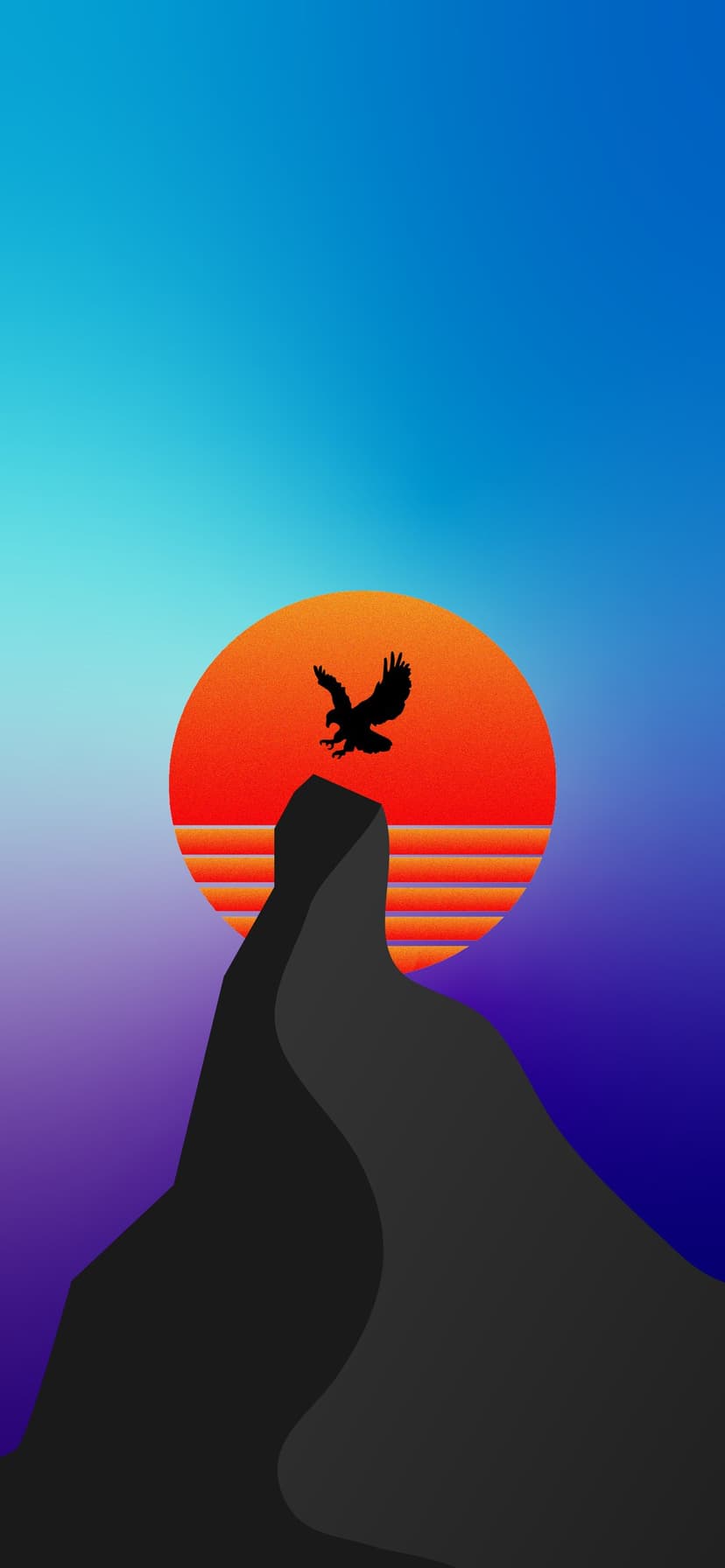Eagle silhouette soaring over a jagged mountain peak against a striped orange sun and cyan to purple gradient.