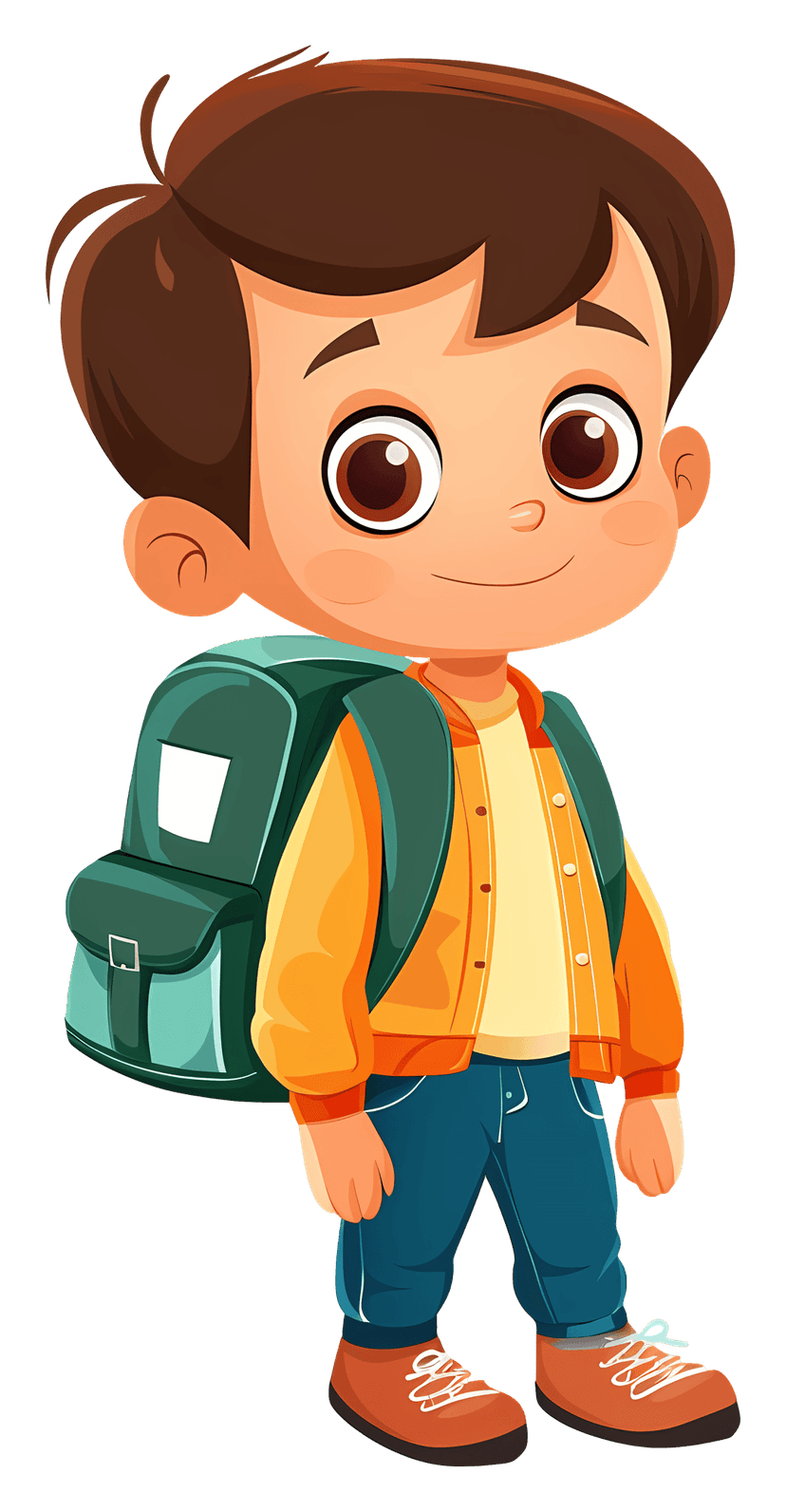 School boy character illustration wearing a yellow jacket and blue backpack against a transparent background.