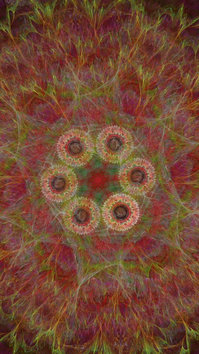 Red and green fractal mandala features symmetrical organic patterns with intricate petaled layers and geometric depth.