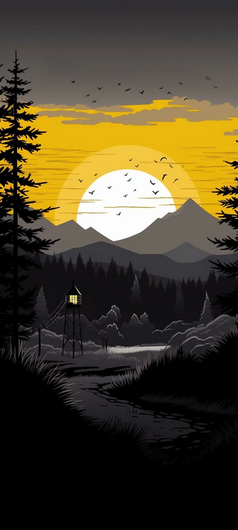 Illuminated tower rises above a dark forest silhouette as a massive sun sets behind distant mountain peaks.