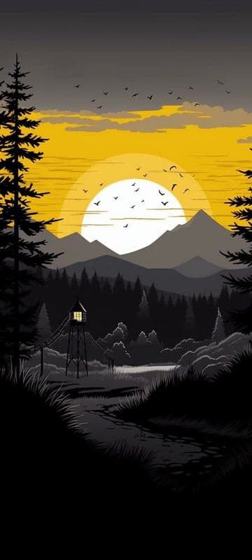 Dramatic Sunset Over Mountains and Forest with Tower