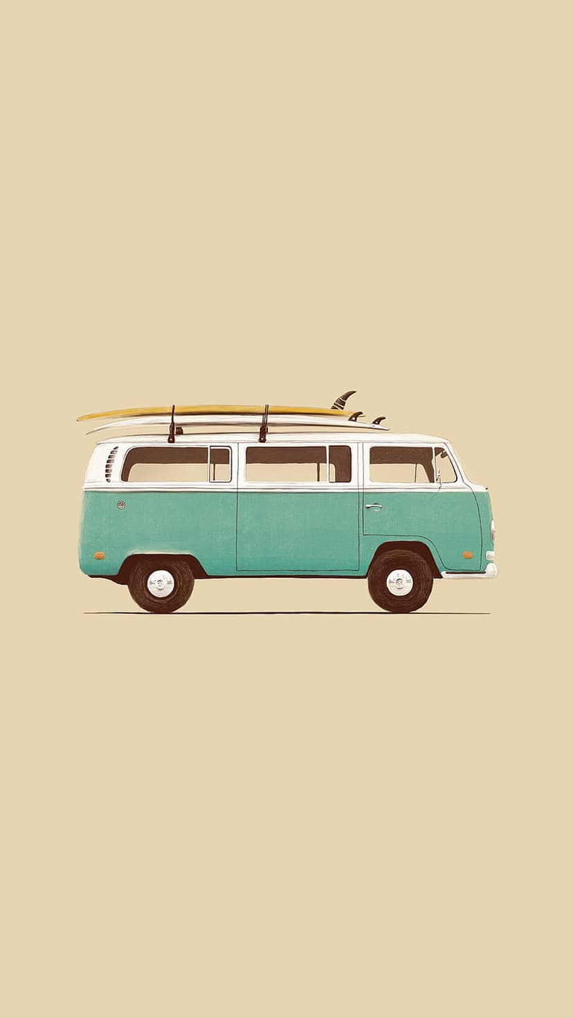 Teal and white vintage bus with two surfboards on a roof rack against a plain beige background in minimalist style