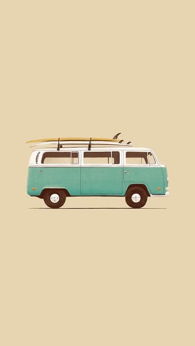 Vintage Teal VW Bus with Surfboards on Roof