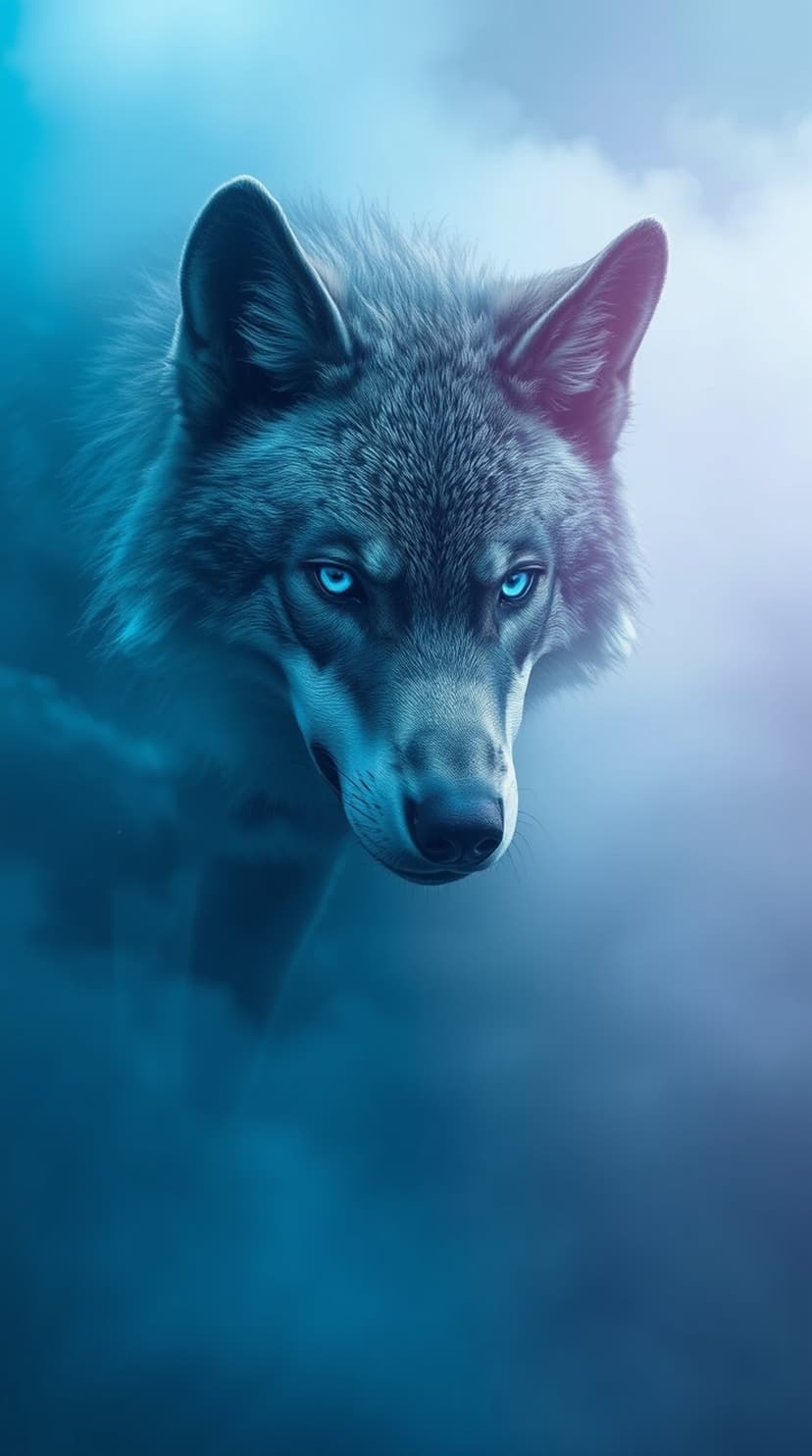 Wolf with glowing blue eyes stares forward through a thick layer of swirling cyan mist and ethereal shadows.