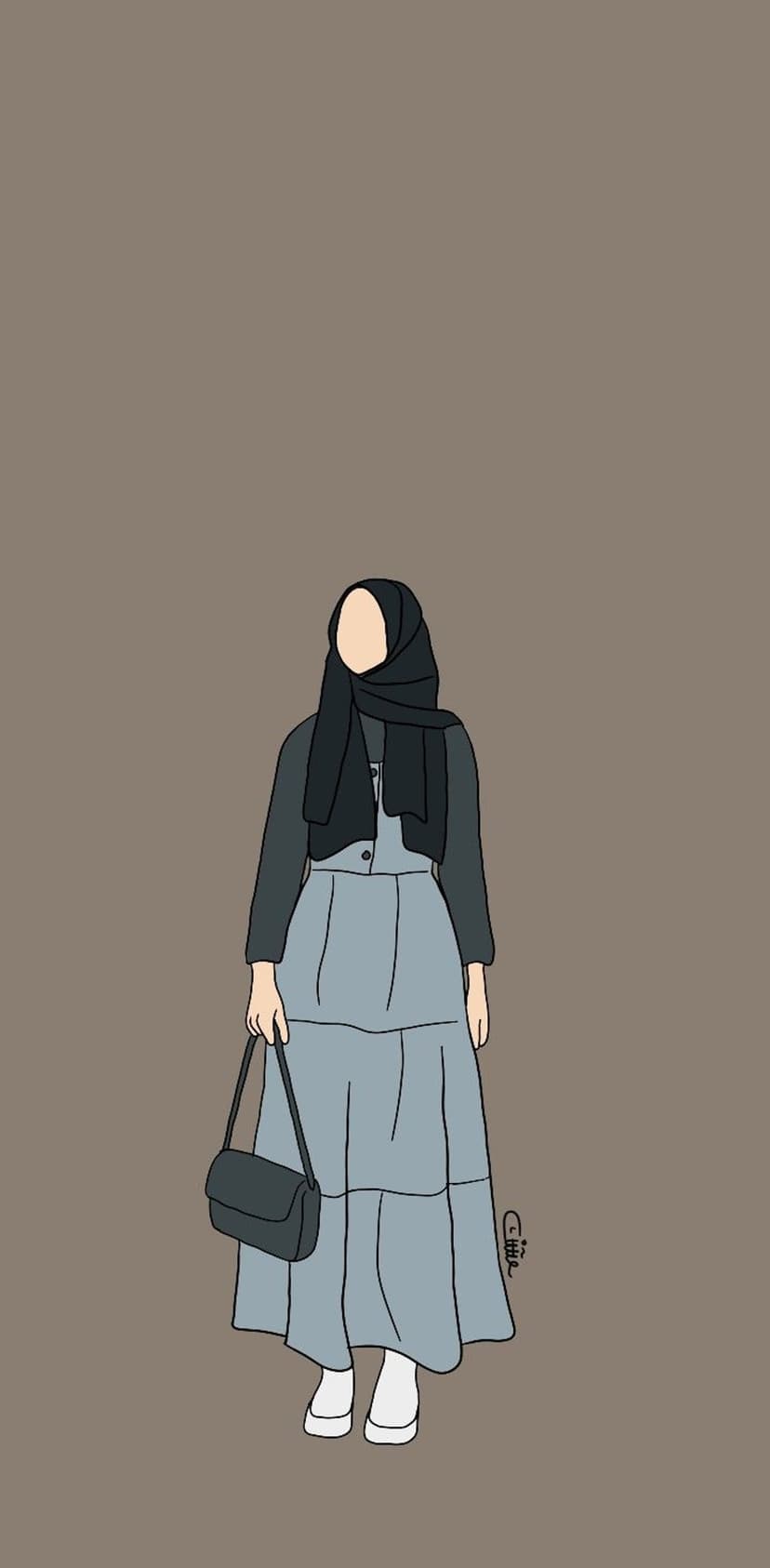 Woman wearing a layered grey maxi dress and black hijab holds a leather handbag against a plain background.