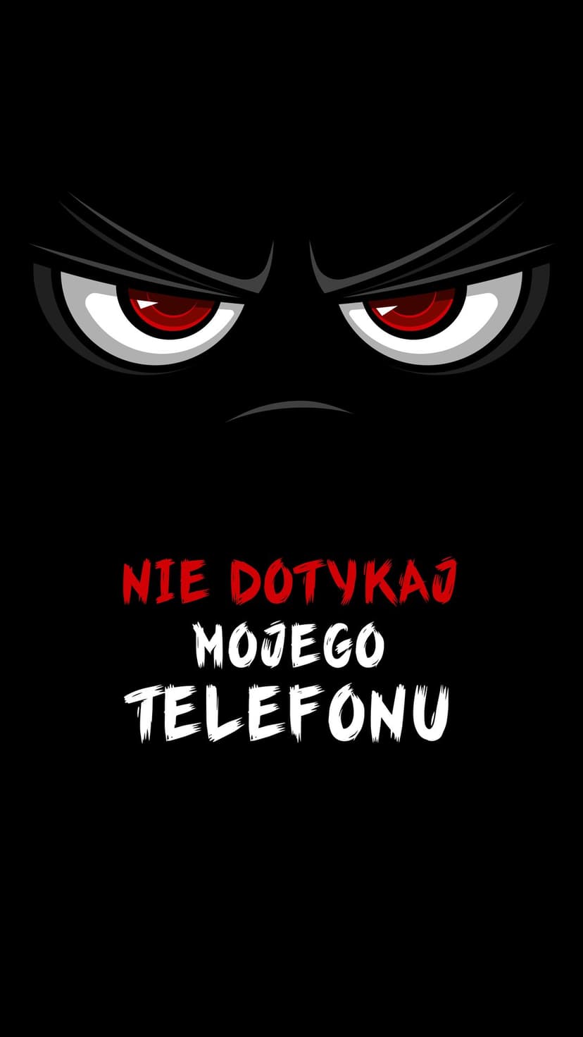 Glowing red eyes watch from a black void over red and white Polish text reading Nie Dotykaj Mojego Telefonu.