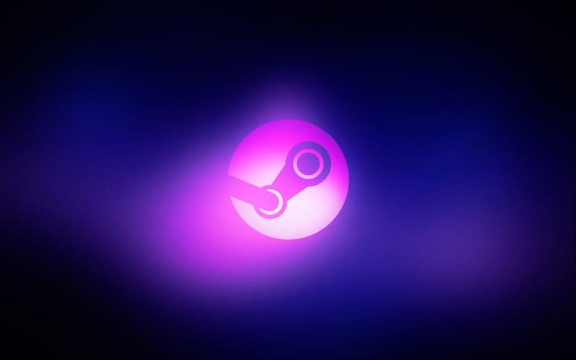 Glowing white Steam logo centered on a vibrant purple and dark blue gradient background with soft light bloom.