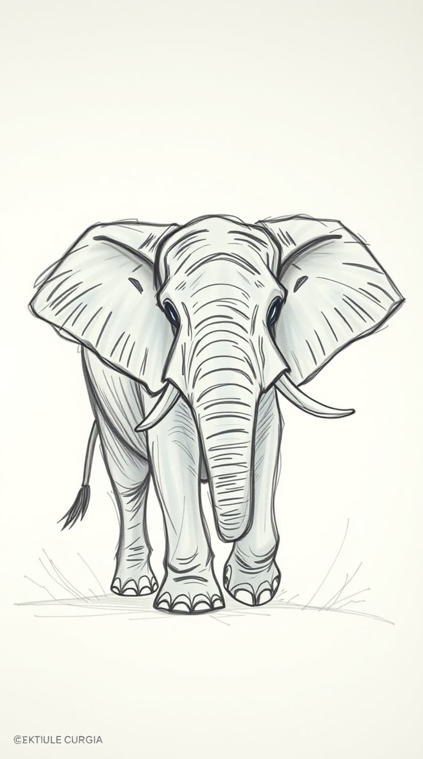 Elephant with large tusks and wrinkled trunk faces forward in a grey-toned sketch with heavy black outlines.