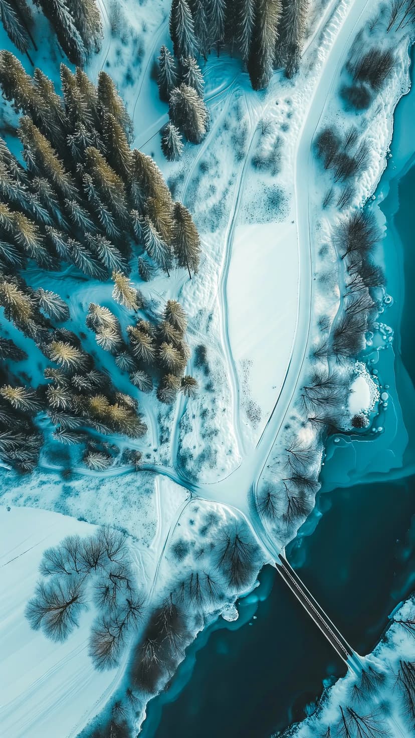 Snow-covered evergreen trees surround a partially frozen deep blue lake with a small bridge and a winding forest path.