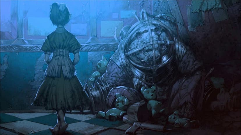 Little Sister looking at a slumped Big Daddy surrounded by teddy bears in an underwater room with blue light.