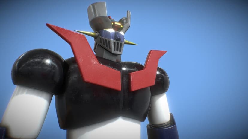 Mazinger Z robot with red chest plates and glowing eyes stands under a clear blue sky in this 3D landscape scene.