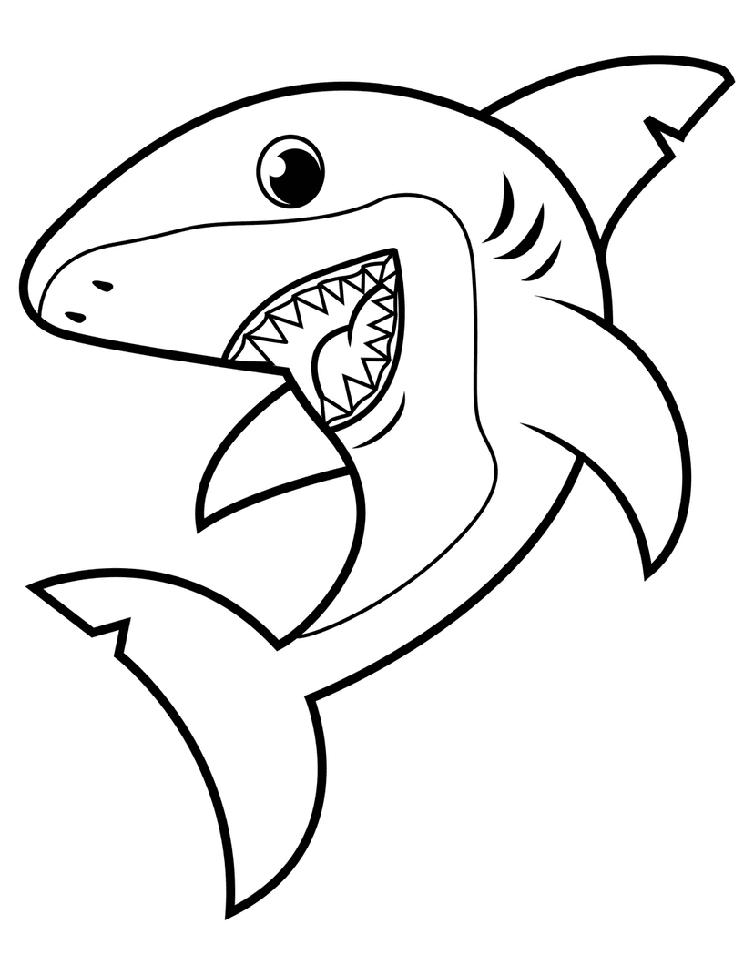 Shark line art illustration showing a smiling marine animal with prominent fins and bold black outlines.