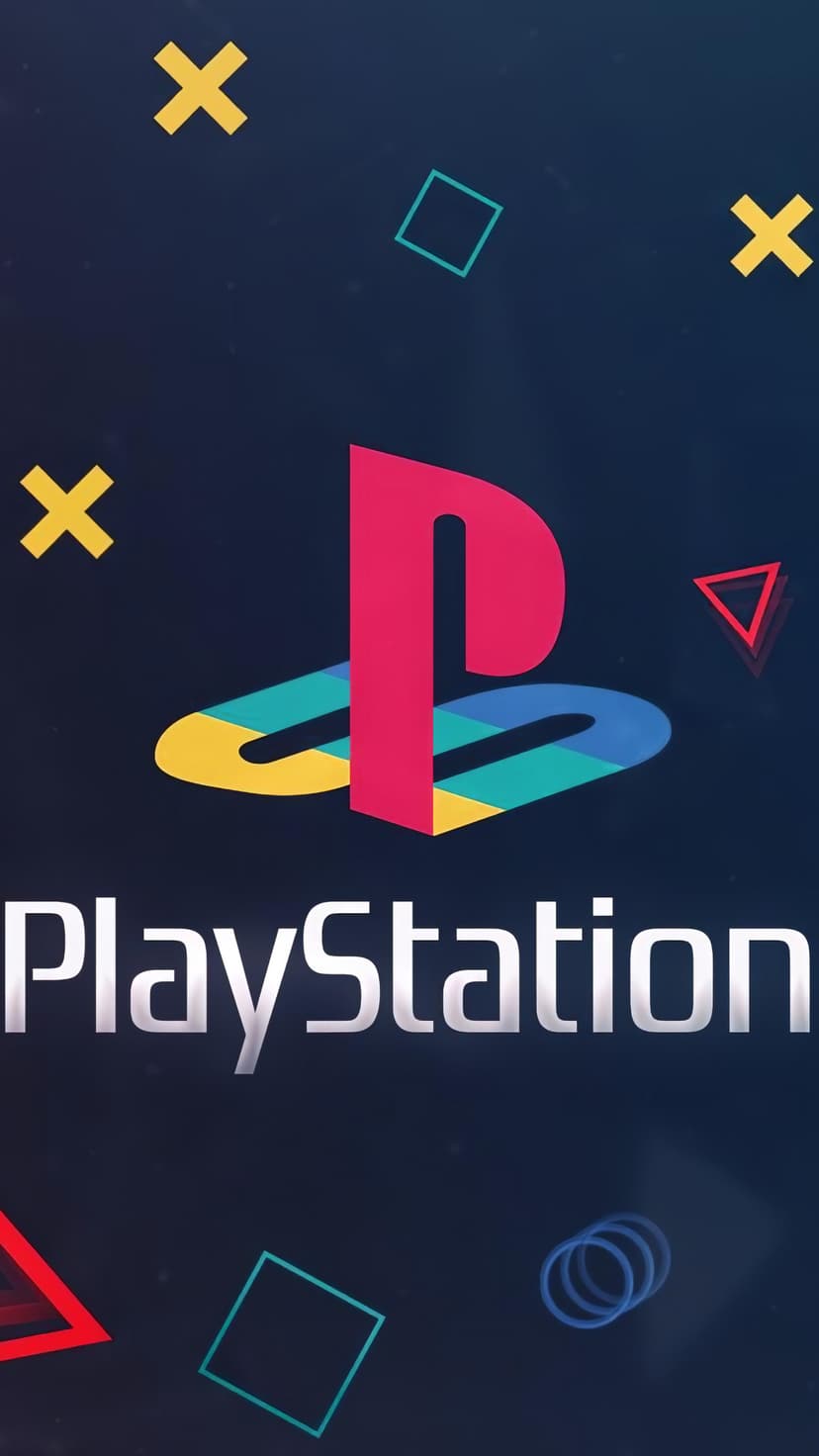 PlayStation logo in red and blue sits above metallic text with yellow and teal geometric gaming button shapes.