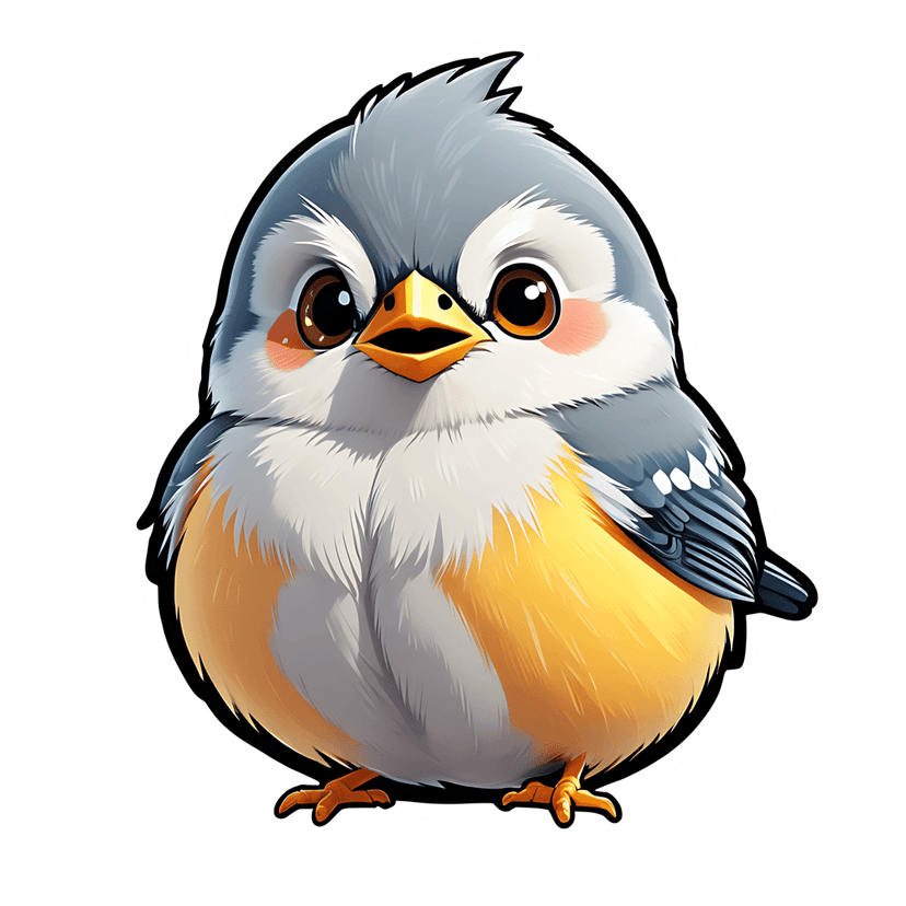 Gray blue fluffy bird sticker with glossy eyes and orange belly shown from a centered front-facing perspective.