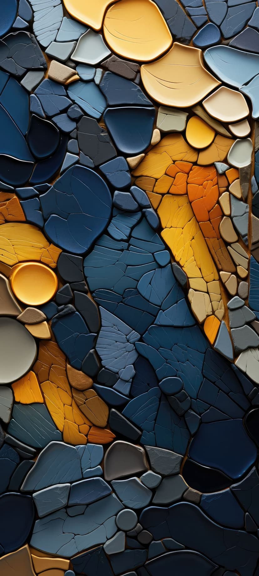 Interlocking sapphire and amber stone shards form a weathered mosaic pattern with deep fissures and textures.