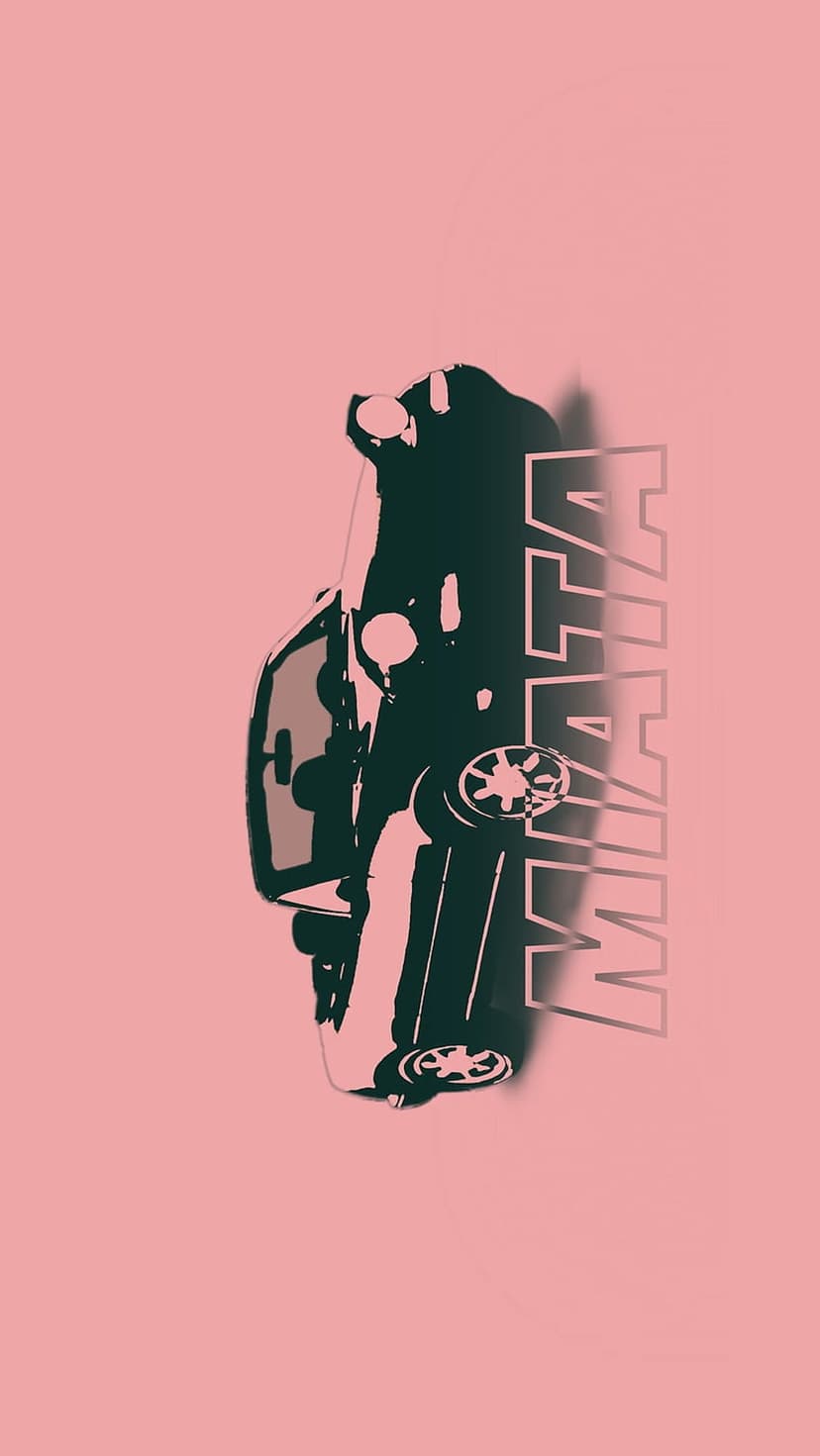Dark green Miata silhouette with vertical gradient text positioned on a solid pastel pink background.