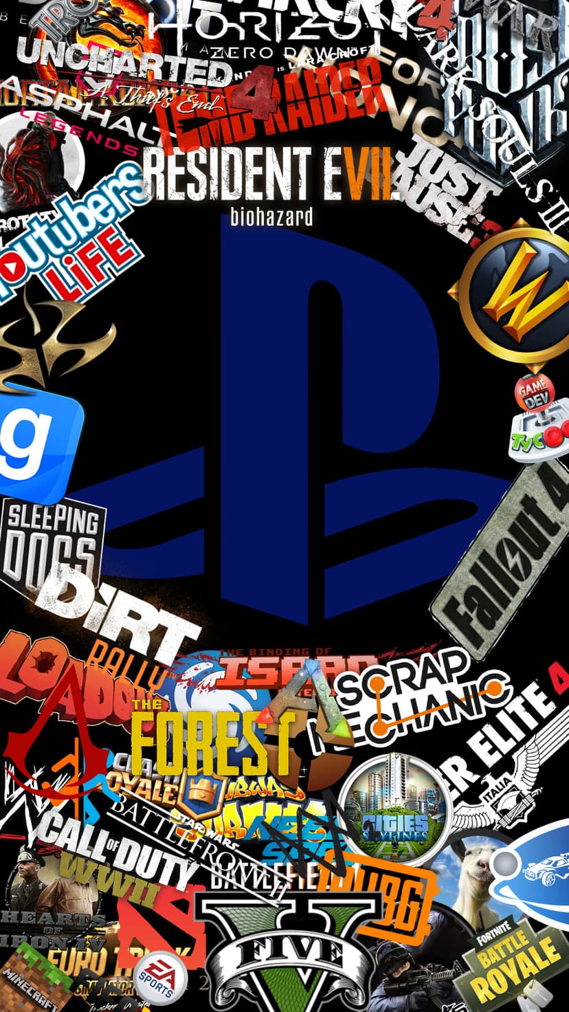 PlayStation controller icons and game logos for Resident Evil, Fallout, and GTA V arranged in a colorful collage.
