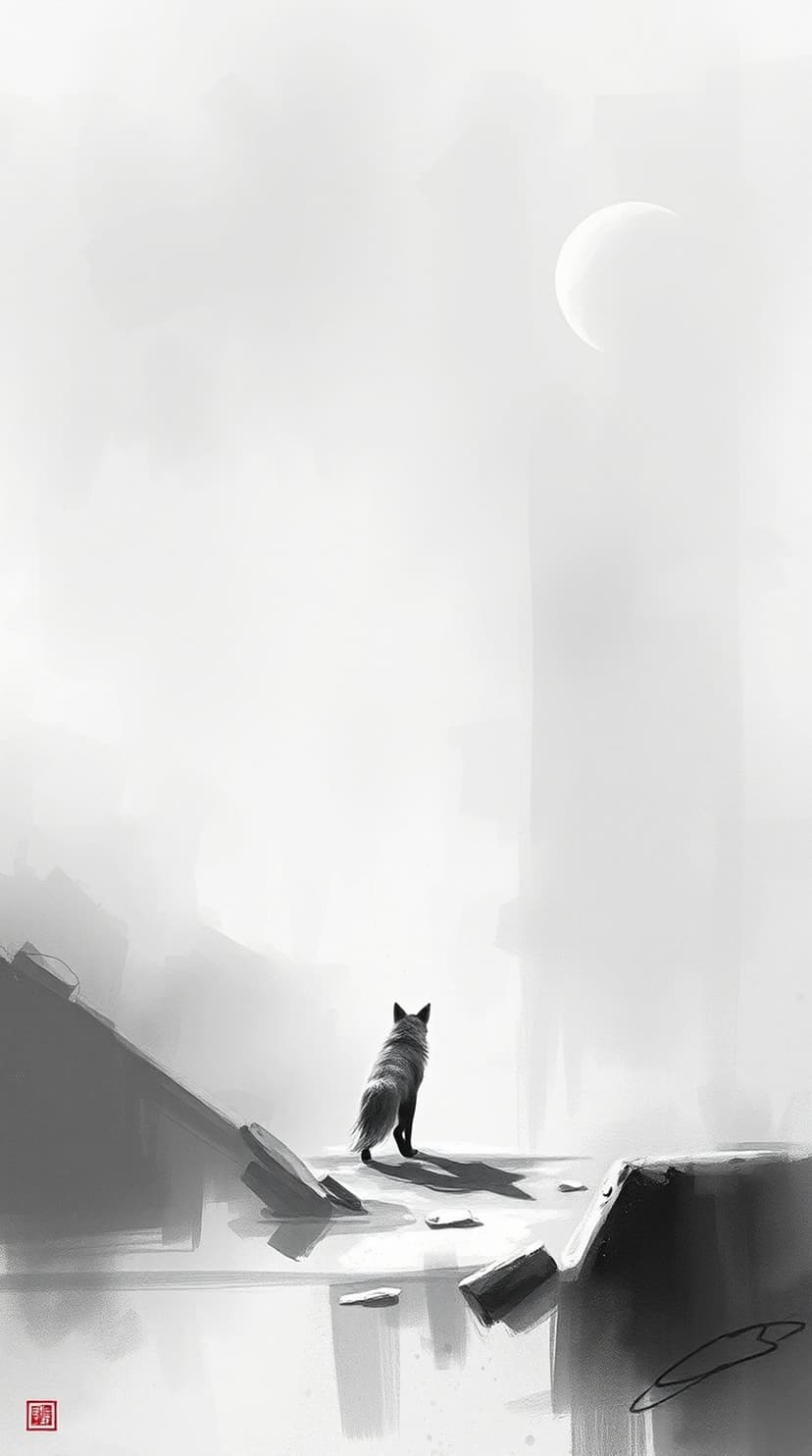 Wolf silhouette stands before a crescent moon in a foggy monochrome landscape with scattered rocks and mist.