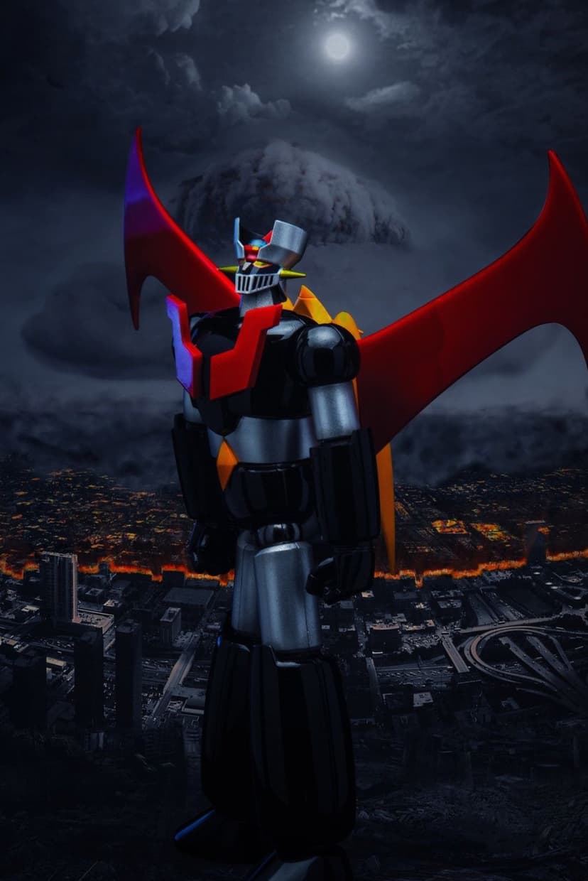 Mazinger Z mecha with red wings standing over a dark city at night under a full moon and stormy sky.