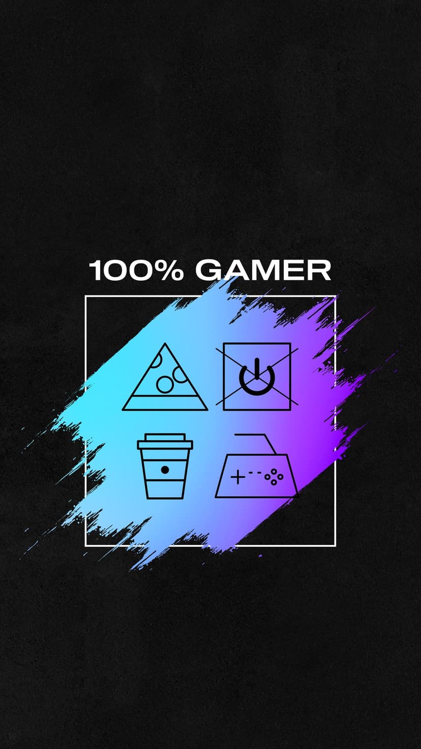 Gamer icons and a slice of pizza on a black background with blue and purple brush strokes for mobile screens.