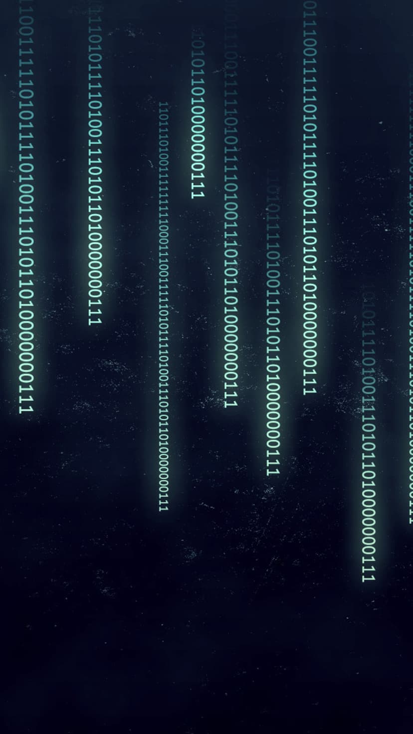 Green binary digits cascade vertically over a dark textured surface with subtle depth and bokeh effects.