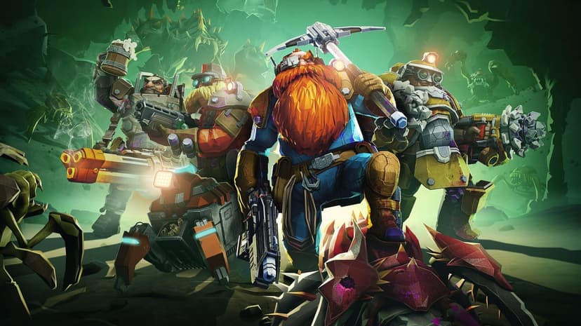 Four space dwarves pose with heavy weapons and pickaxes in a green alien cave filled with defeated insect creatures.