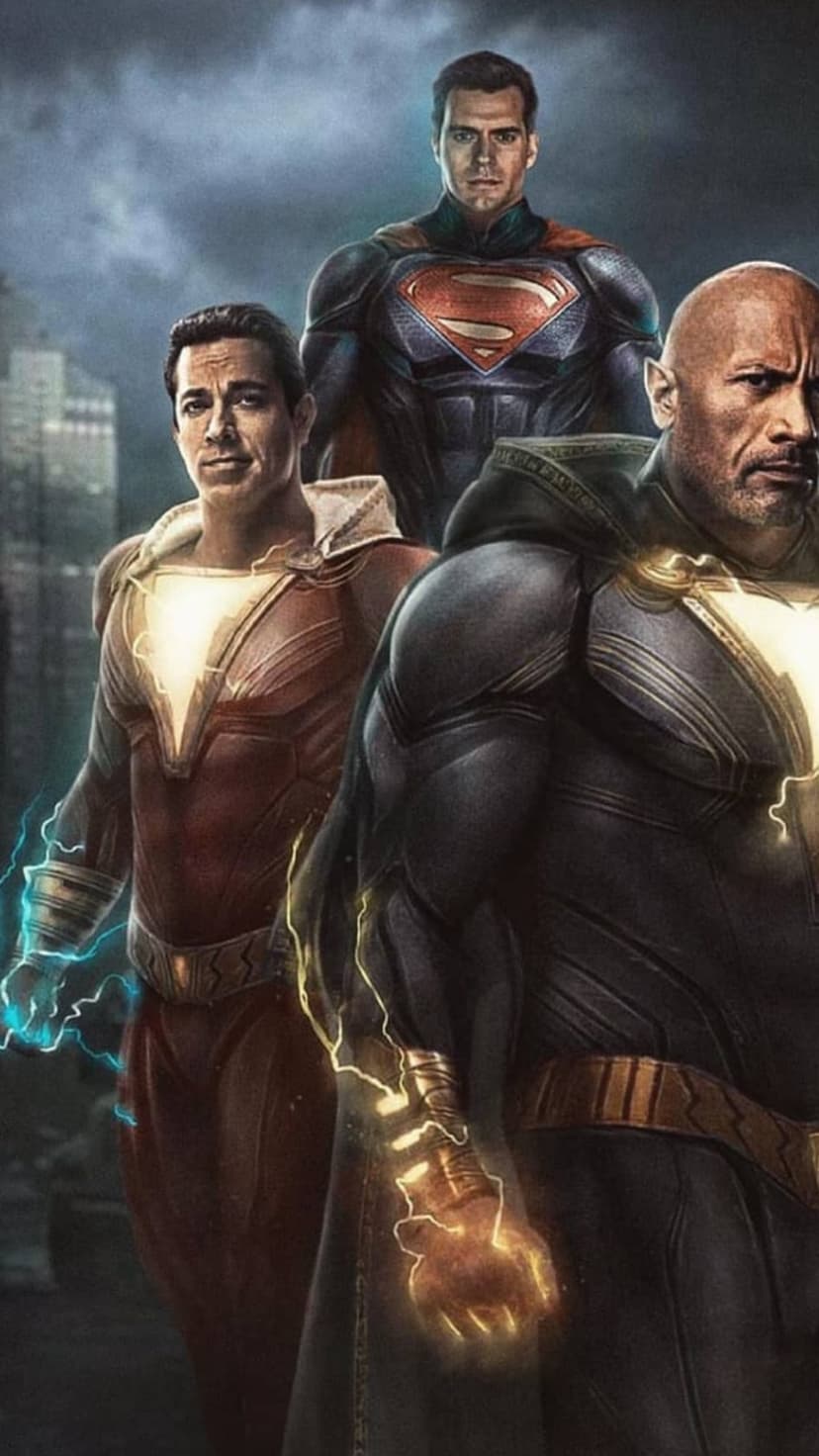 Shazam and Black Adam radiate lightning in the foreground while Superman hovers over a dark cityscape.