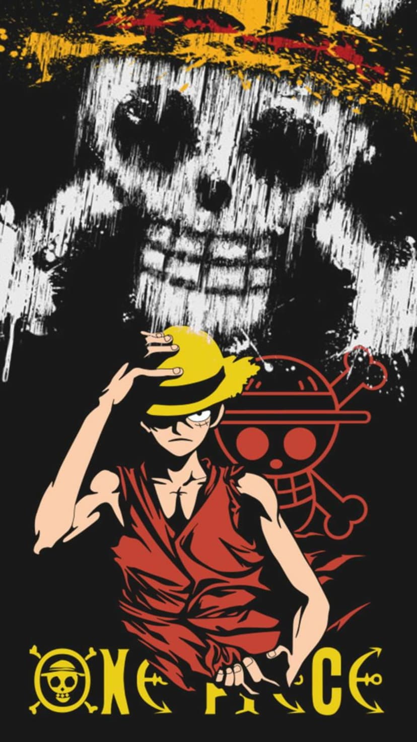 Luffy wearing a straw hat stands in front of a splattered Jolly Roger skull with bold yellow pirate lettering.
