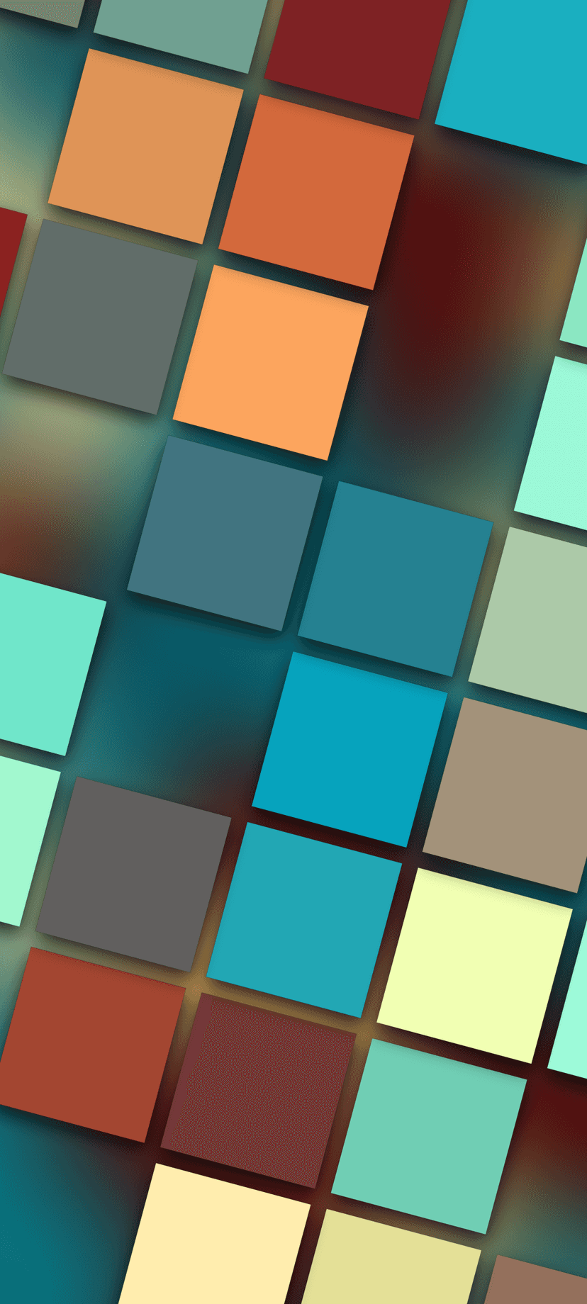 Colorful geometric squares with soft drop shadows float diagonally over a dark red to teal gradient background.