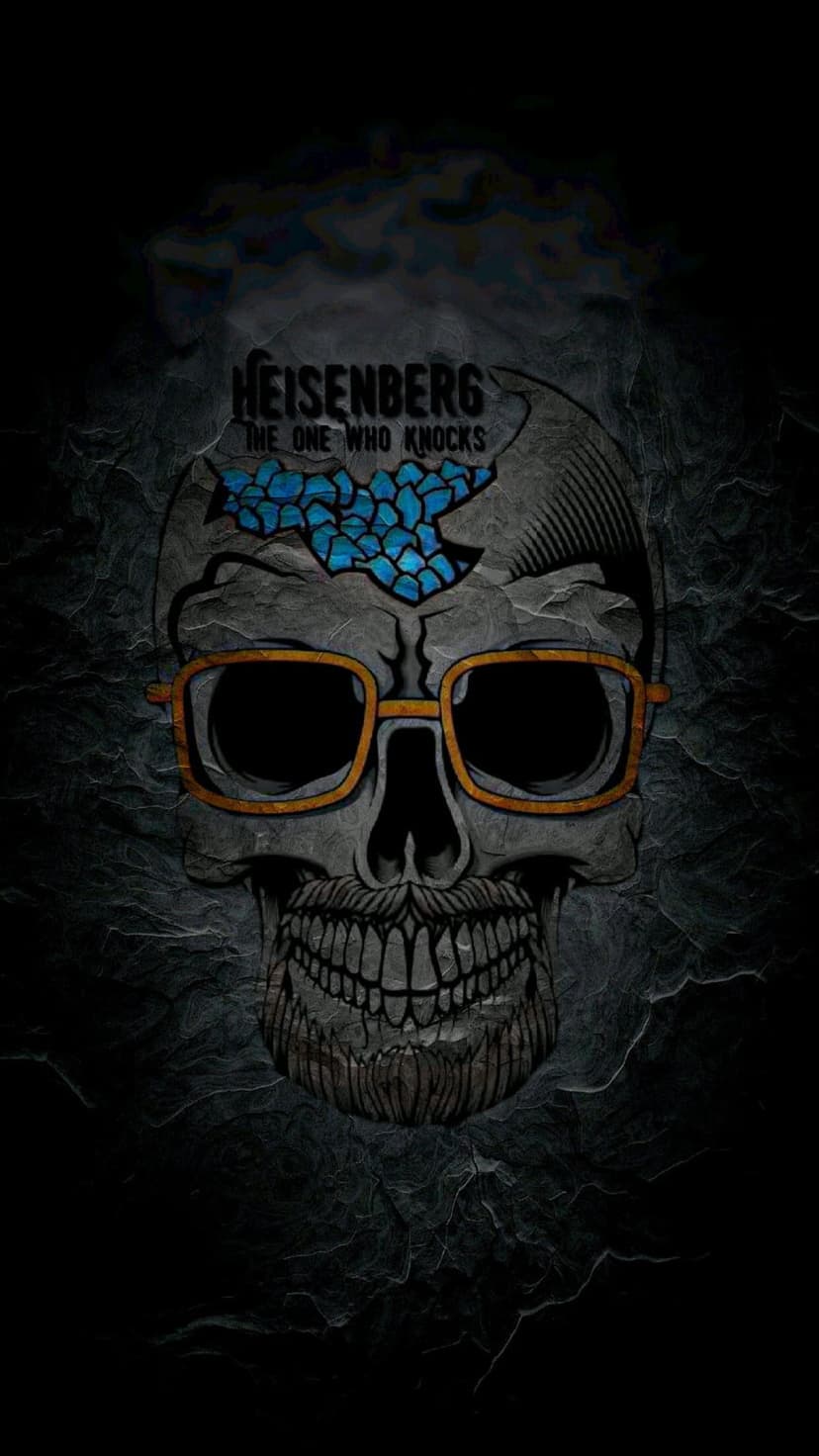 Skull with a goatee and orange-rimmed sunglasses reveals blue crystals through a cracked forehead on dark gray.
