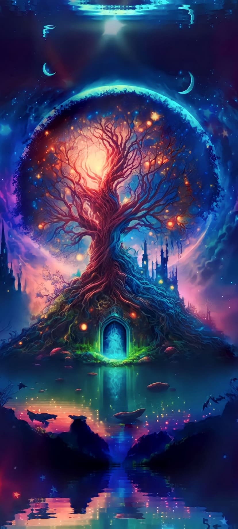 Ancient tree with glowing blue roots and a central light portal reflected in still water under a starry nebula.
