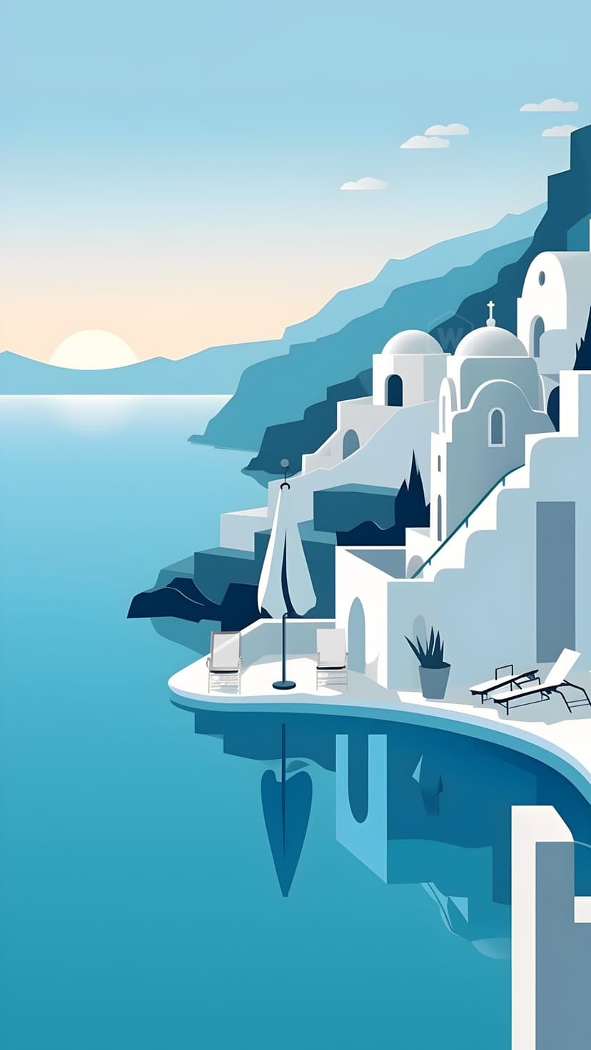 Whitewashed Santorini villa with a blue dome and infinity pool overlooking the Aegean Sea at golden hour sunset.