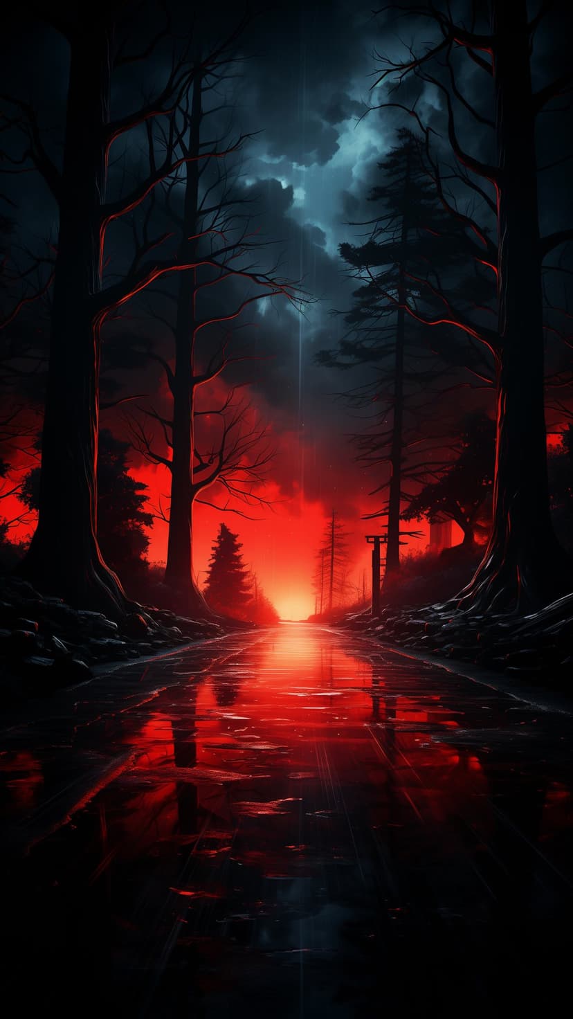 Dark forest road reflecting a scarlet horizon under heavy storm clouds during a moody twilight for a lock screen.