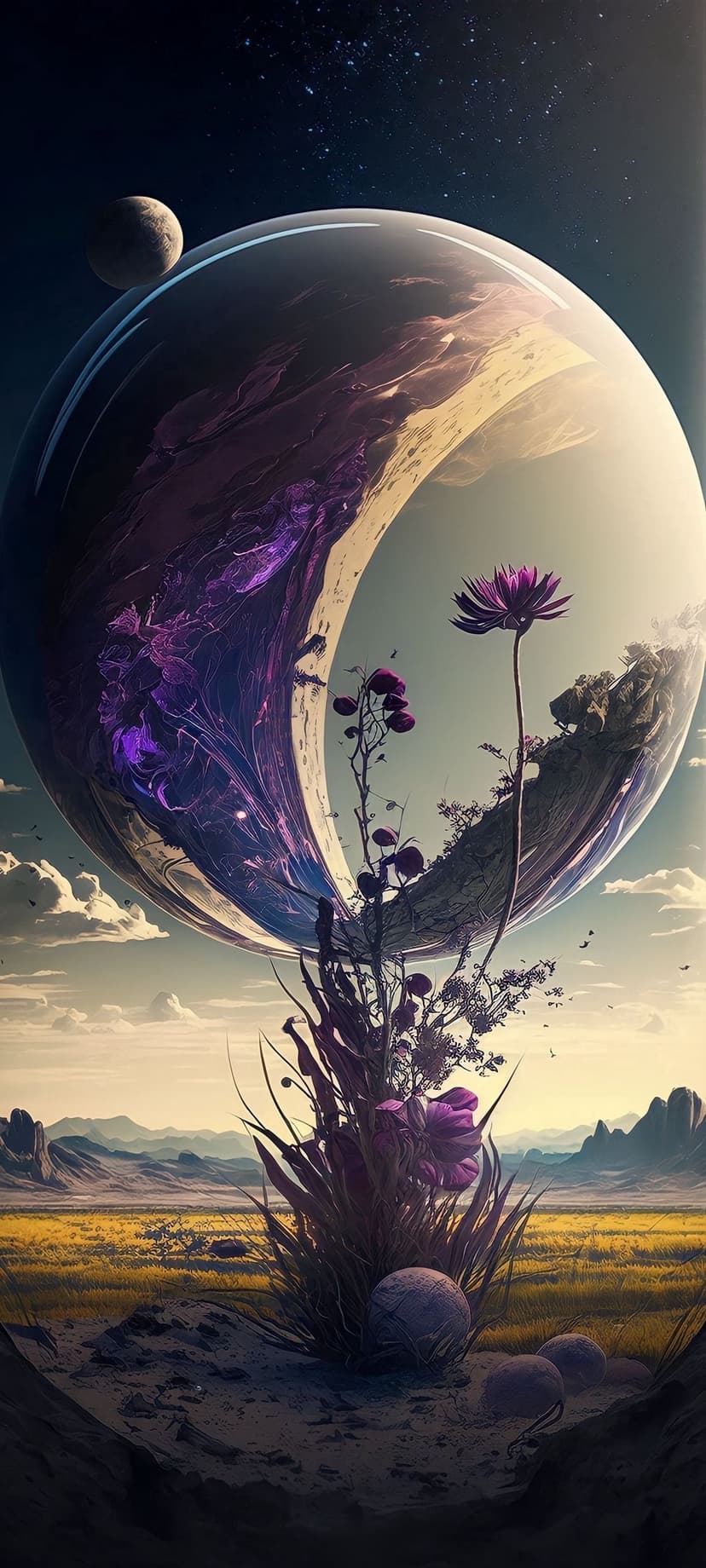 Colossal translucent planet looms over purple alien flowers and jagged mountains under a starry twilight sky.