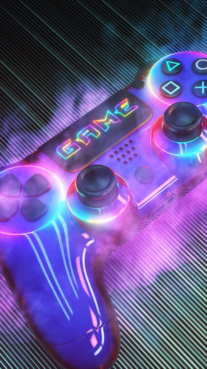 Gaming controller glowing with pink and purple neon lights against a dark background with digital light trails.
